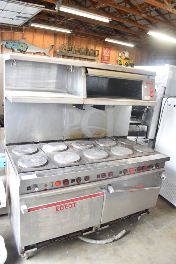 Vulcan ESB60 commercial electric 10-burner hot plate range with 2 ovens, over shelf, and back splash, 208V, 3-phase, used condition.