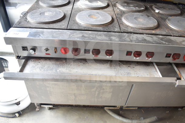 Vulcan ESB60 commercial electric 10-burner hot plate range with two ovens, over shelf, back splash; visibly used condition.