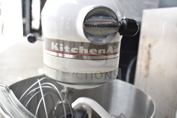 KitchenAid KSM90PSWH Mixer with 4.5 qt bowl, bowl guard, dough hook, and paddle. Visible wear, 120V, 1 phase.