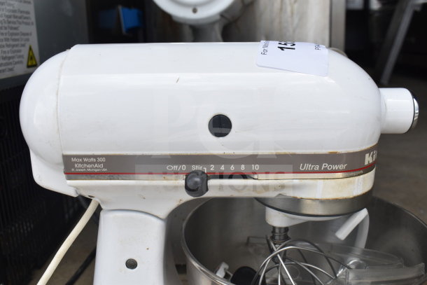 KitchenAid KSM90PSWH 4.5 Quart Mixer with bowl, guard, dough hook, and paddle; shows some wear. 300 watts.