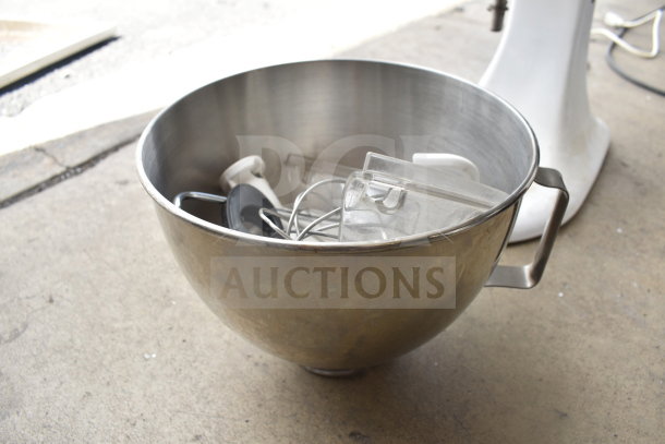 KitchenAid KSM90PSWH mixer bowl with attachments, including dough hook and paddle. Stainless steel. Good condition.