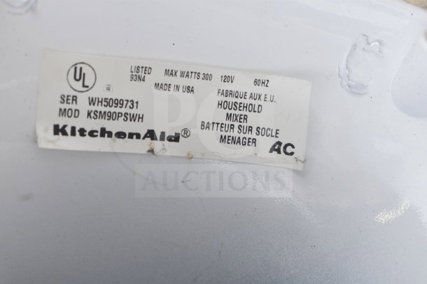 KitchenAid KSM90PSWH mixer label showing model, 120V, 300W, made in USA. Household use. Serial WH5099731.