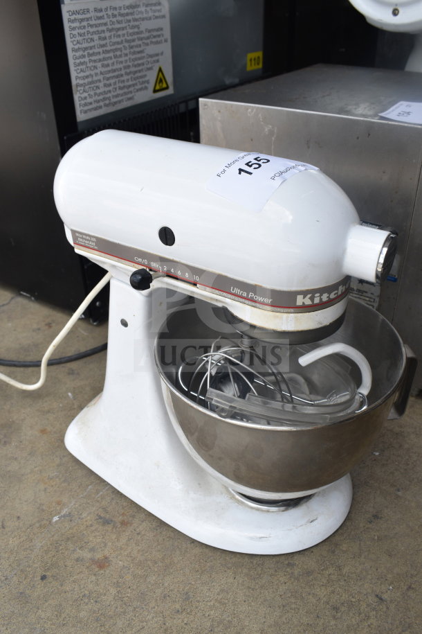 KitchenAid KSM90PSWH mixer with bowl, guard, dough hook, and paddle. Visible wear, sticker label "155" on top. 120V, 1 phase.