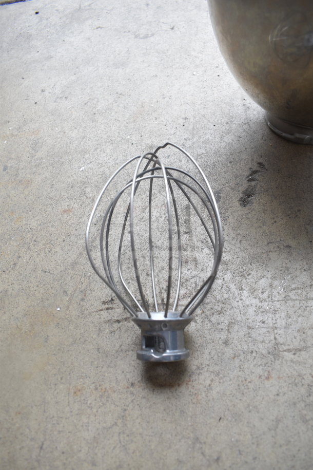 KitchenAid KSM90PSWH whisk attachment in stainless steel, part of mixer set, lightly used condition.
