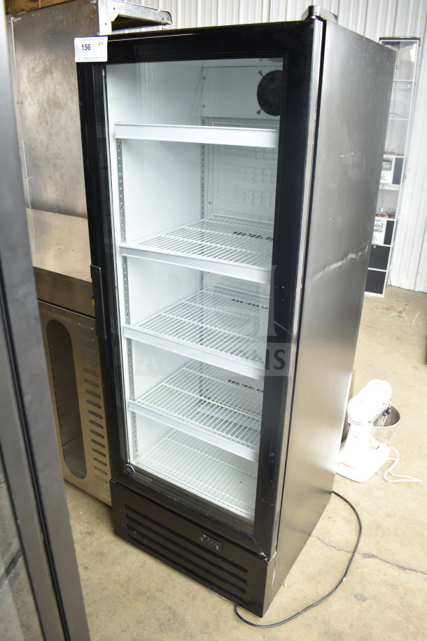SG Merchandising SD-12 commercial single door reach-in cooler, 110V, 1 phase. Features glass door, metal shelves, black frame.