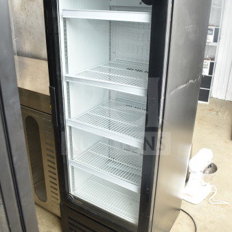 SG Merchandising SD-12 commercial single door reach-in cooler, 110V, 1 phase. Features glass door, metal shelves, black frame.