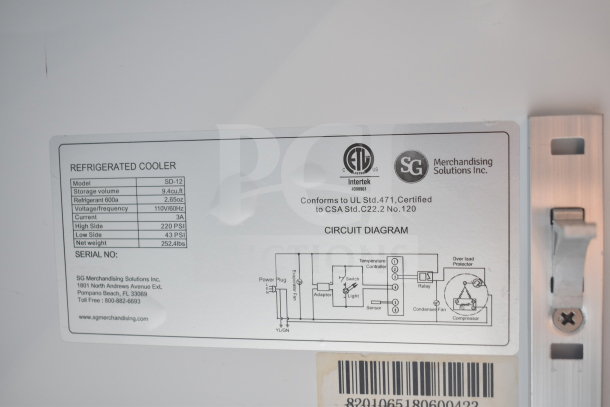 SG Merchandising SD-12 Cooler label details voltage, refrigerant, certifications, and circuit diagram.
