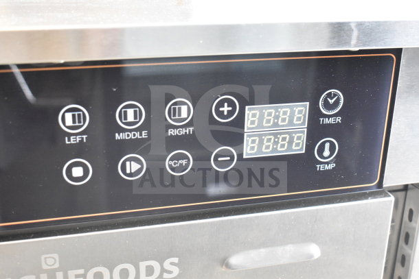 Benchfoods 60-CUD Commercial 60 Tray Dehydrator control panel, featuring timer and temperature settings. 220-240 Volts.