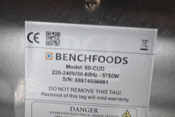 Benchfoods 60-CUD Commercial Dehydrator label showing model, voltage, power details; CE mark visible.