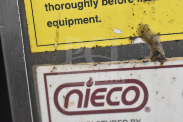 Nieco FH94G commercial grill label, showing brand logo and maintenance instructions. Visible wear and grime present.