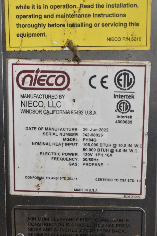 2022 Nieco FH94G BroilVection conveyor charbroiled burger grill, propane gas, 80,000-106,000 BTU, model details and safety labels.