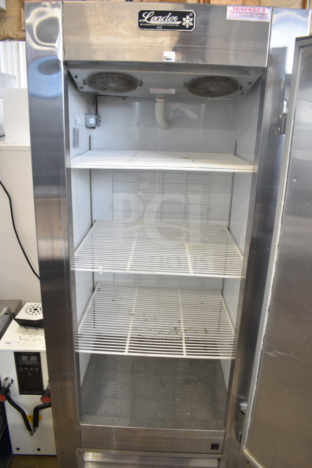 Leader FR30 S/C commercial single door reach-in cooler, 115 volts, 1 phase, with shelves, good condition.