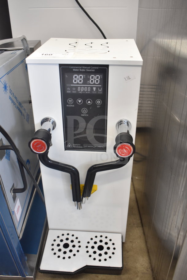 Commercial dual head steam milk frother with digital controls, 110V, 1 phase; features safety warnings and dual nozzles.