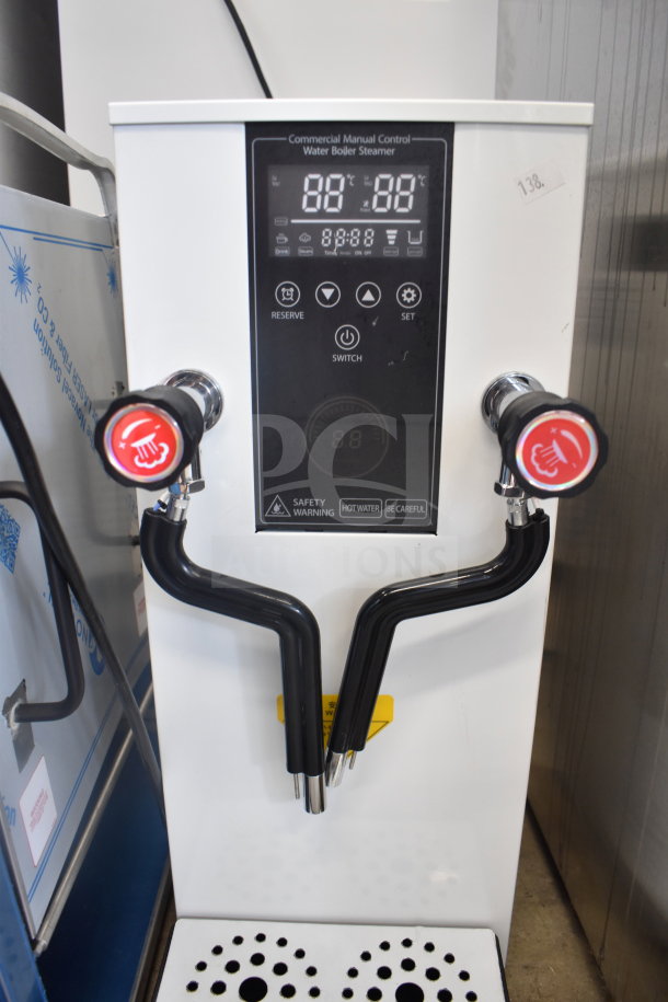 Dual Head Commercial Milk Frother, 110V, 1 Phase, displays manual controls and safety warnings, in excellent condition.