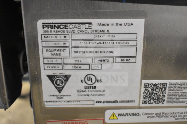 Brand new Prince Castle 297 T9 Slim Line Bun Toaster. 115 volts, 1 phase. UL certified, model and serial number visible.
