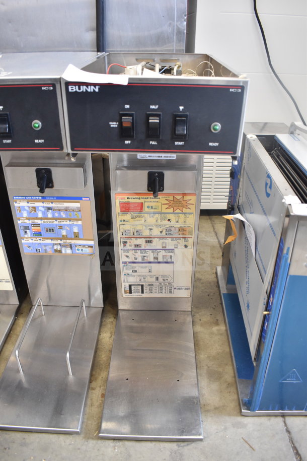 Bunn IC3 commercial countertop iced tea machine, 120/208 volts, 1 phase, stainless steel, control panel with start and ready buttons.