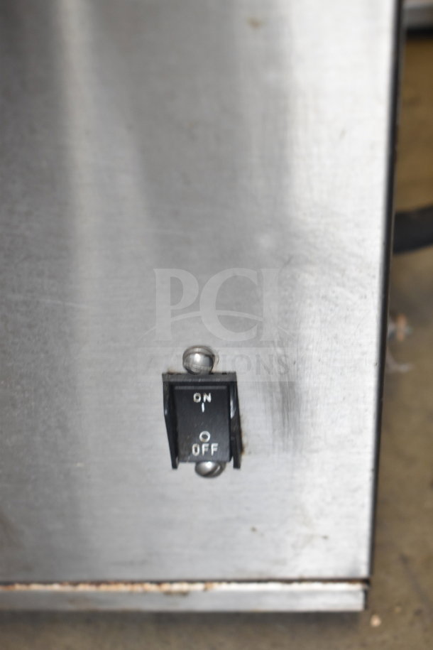 Bunn IC3 commercial countertop iced tea machine, stainless steel, 120/208 volts, 1 phase, with on/off switch visible.