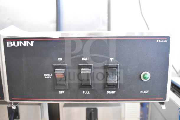 Bunn IC3 commercial countertop iced tea machine, 120/208 volts, 1 phase, in used condition. Includes control panel with labeled switches and indicators.