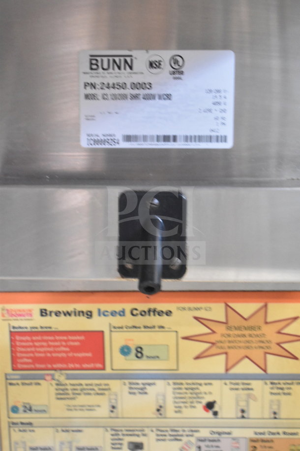 Bunn IC3 commercial countertop iced tea machine, 120/208V, 1 Phase, label with model details and brewing instructions visible.