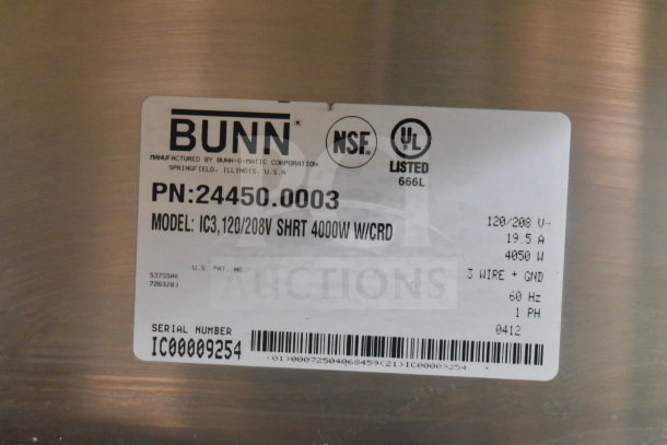 Bunn IC3 Countertop Iced Tea Machine, 120/208V, 1 Phase. Label shows model and specs, including power and wiring info.