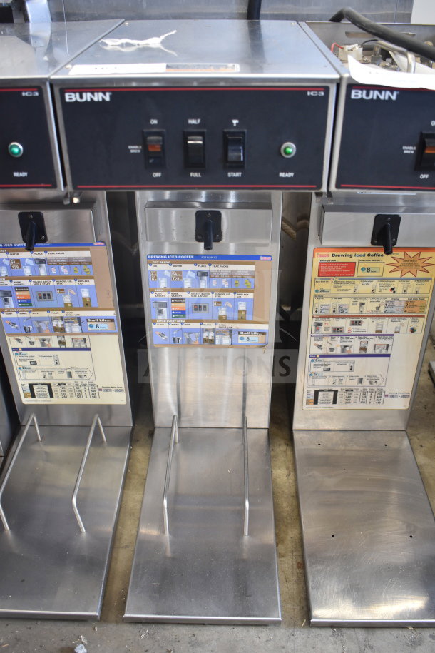 Bunn IC3 commercial countertop iced tea machine, 120/208 volts, 1 phase, stainless steel, control panel with on/off switches.
