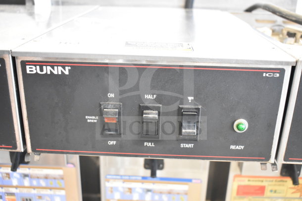 Bunn IC3 commercial countertop iced tea machine, black panel with switches, 120/208 volts, 1 phase, ready light.