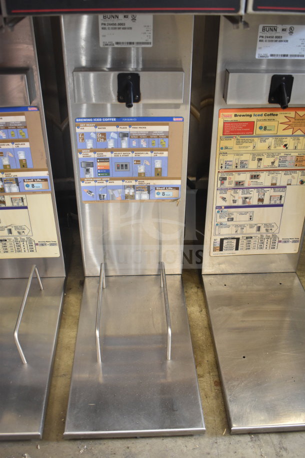 Bunn IC3 commercial countertop iced tea machine, stainless steel finish, visible brewing instructions, 120/208 volts, 1 phase.