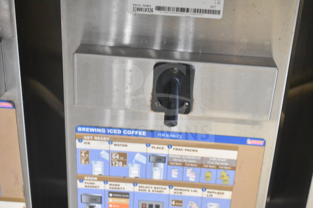 Bunn IC3 commercial countertop iced tea machine, 120/208 volts, 1 phase, visible brewing instructions, good condition.