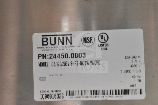 Bunn IC3 commercial iced tea machine label, model IC3, 120/208V, 4000W, NSF and UL listed, serial IC00010326.