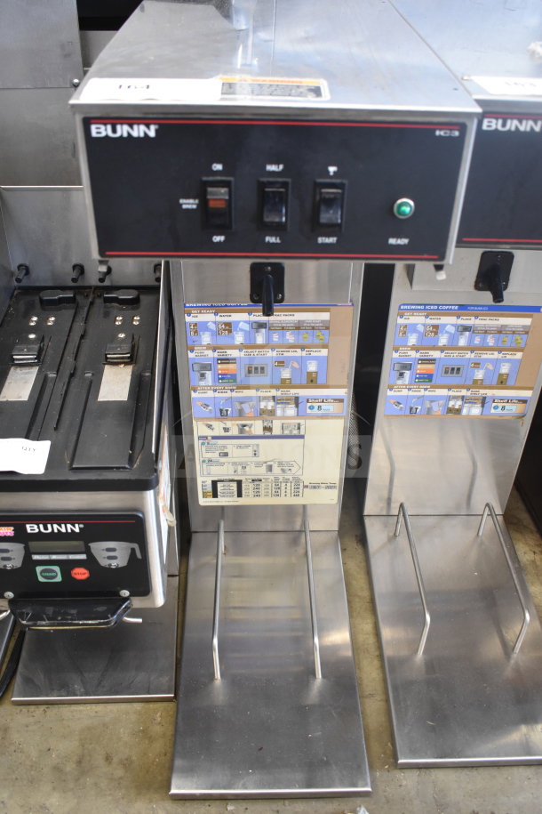 Bunn IC3 commercial countertop iced tea machine, 120/208 volts, 1 phase. Features control panel with on/off, half/full, start buttons.