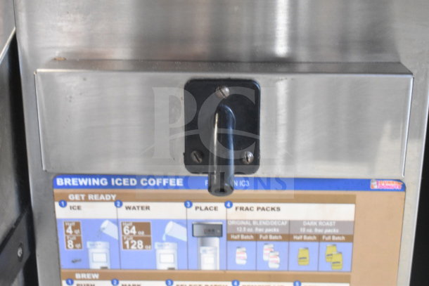 Bunn IC3 commercial countertop iced tea machine, stainless steel, visible brewing instructions, 120/208 volts, 1 phase.