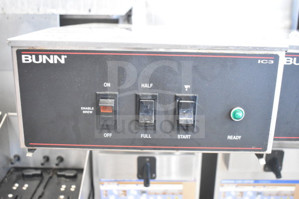 Bunn IC3 commercial countertop iced tea machine, 120/208V, 1 phase, with control switches and indicator lights visible.