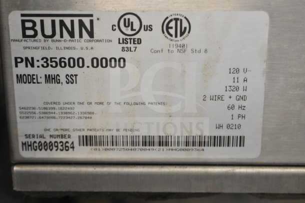 Bunn MHG commercial coffee bean grinder label, showing model, 120V, 11A. No hoppers. Serial MHG0009364.