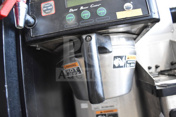 Bunn ICB-DV commercial coffee machine with hot water dispenser, features brew controls and warning labels, 120V, 1 phase.