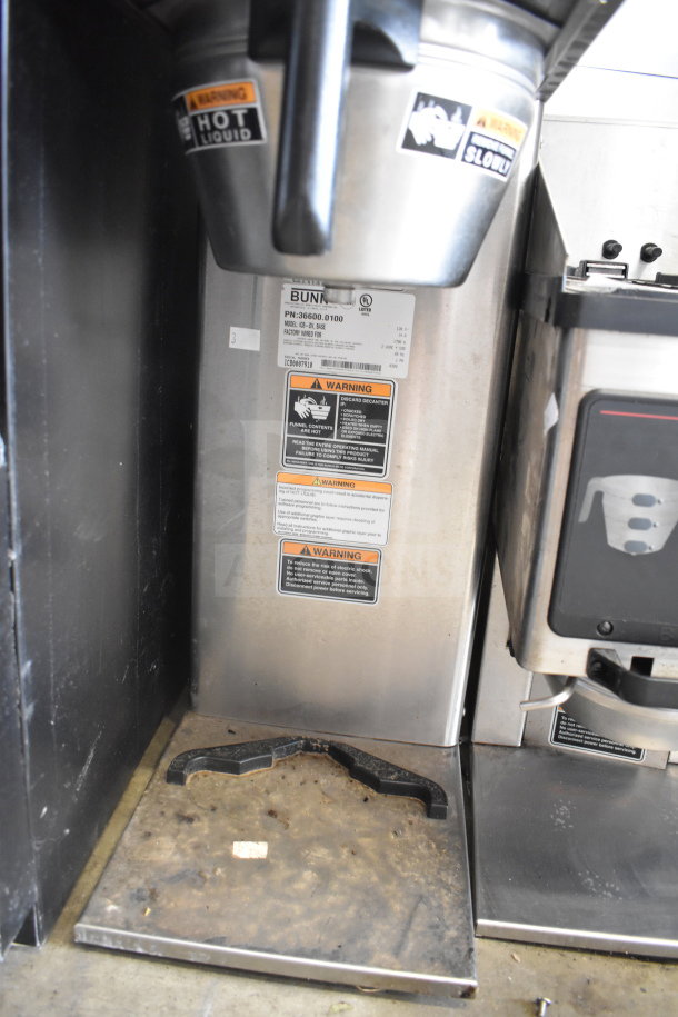 Bunn ICB-DV commercial coffee machine with hot water dispenser, stainless steel body, visible warning labels, 120 volts, 1 phase.