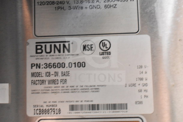 Bunn ICB-DV Commercial Coffee Machine label showing model, voltage, serial number, and certification markings.