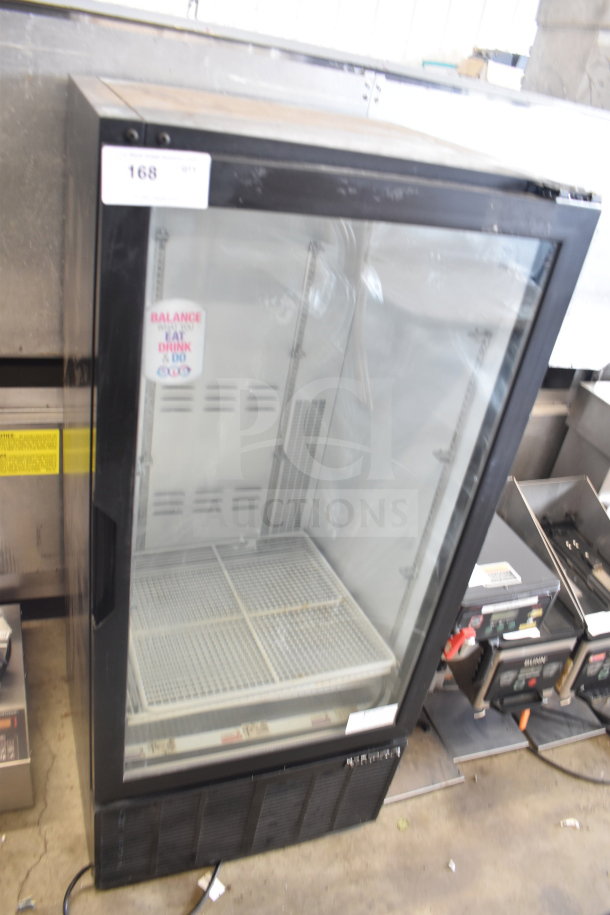 Habco ESM10 single door commercial cooler, glass front, black frame, 115V, 1 phase, with internal shelving.