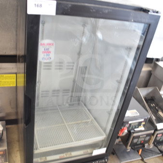 Habco ESM10 single door commercial cooler, glass front, black frame, 115V, 1 phase, with internal shelving.