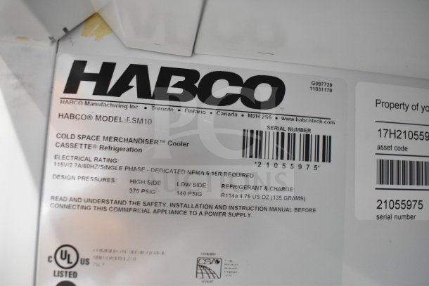 Habco ESM10 Cooler label showing model, electrical rating, design pressures, and refrigerant details.