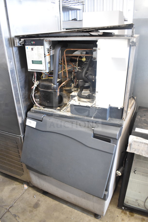 Scotsman Prodigy C0530SA-1B commercial ice machine head on bin. 115 volts, 1 phase, interior view, used condition.