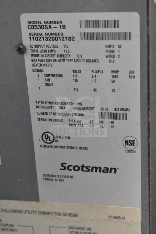 Scotsman Prodigy C0530SA-1B ice machine label, showing model, serial number, voltage, amperage, and certification info.
