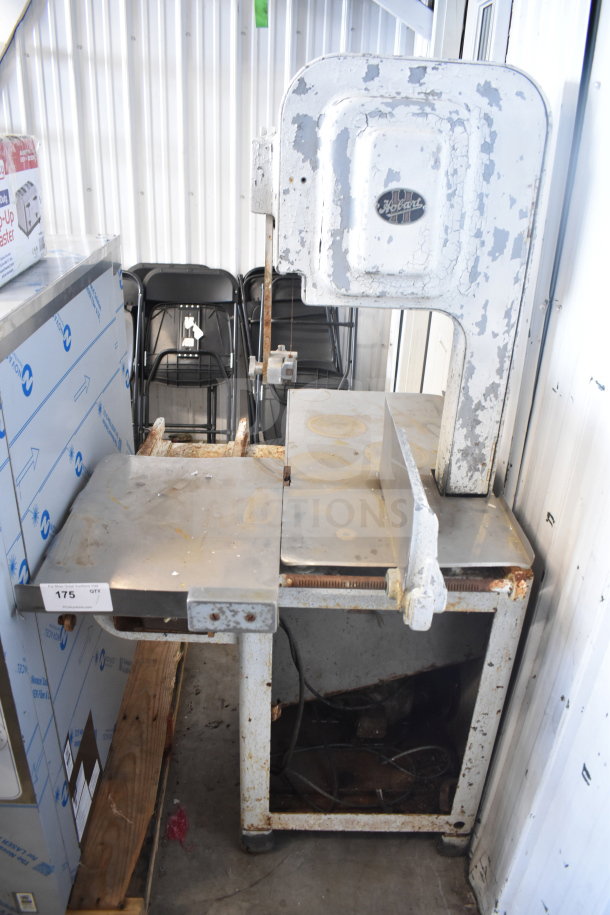 Hobart commercial floor style meat saw, vintage and worn condition, visible rust and wear, ideal for parts or restoration.