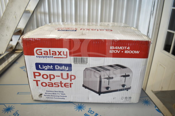 Galaxy 184MDT4 4-slot toaster in original box, 120V, 1800W, stainless steel body, variable browning controls.