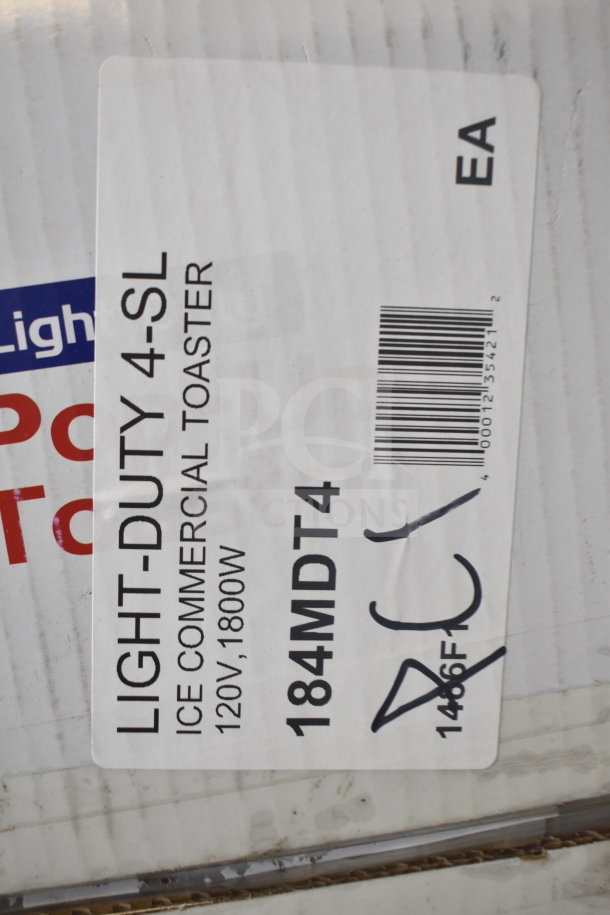 IN ORIGINAL BOX! Galaxy 184MDT4 Commercial Countertop 4 Slot Toaster, 120V, 1 Phase, light-duty, 1800W. Box label shown.