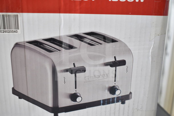Galaxy 184MDT4 4 Slot Toaster in original box, commercial-grade, 120V, 1 phase, stainless steel finish, new condition.