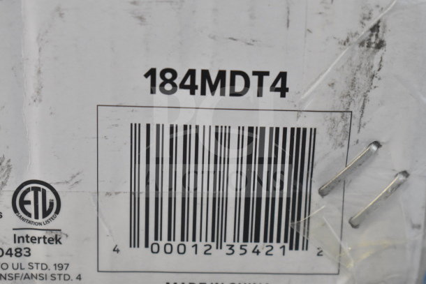 IN ORIGINAL BOX! Galaxy 184MDT4 toaster, 4-slot, commercial, 120V, 1 phase, ETL listed, visible barcode and model number.