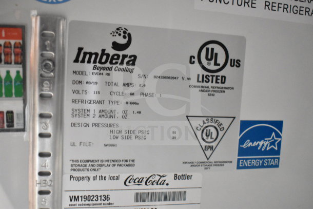 Imbera EVC04 Commercial Mini Cooler Merchandiser label showing model, volts, UL listing, and Energy Star certification.