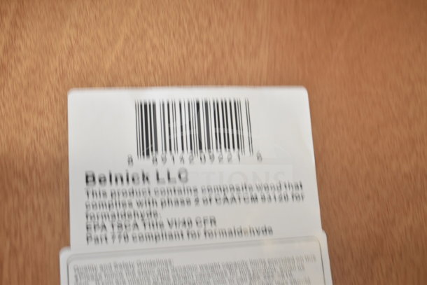 Alt text: Label showing barcode and compliance details for Belnick LLC wood product, highlighting formaldehyde phase 2 compliance.