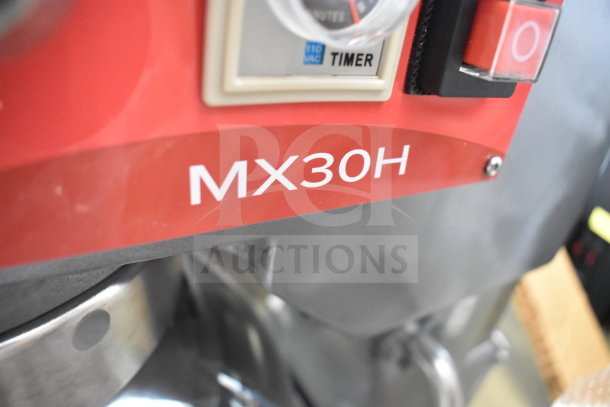 Avantco MX30H 30 Quart Planetary Dough Mixer, brand new with minor scratches, features a mixing bowl, bowl guard, and whisk.