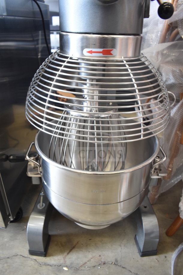 Brand new Avantco MX30H commercial 30-quart dough mixer with bowl, guard, and whisk attachment; 120V, 1 phase.